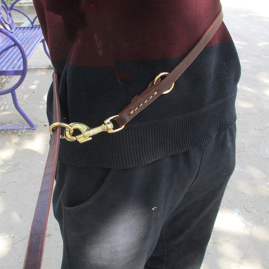 KFX-8437693 Double-Headed Copper Hook Cowhide Dog Traction Belt with Convenient Leash功能