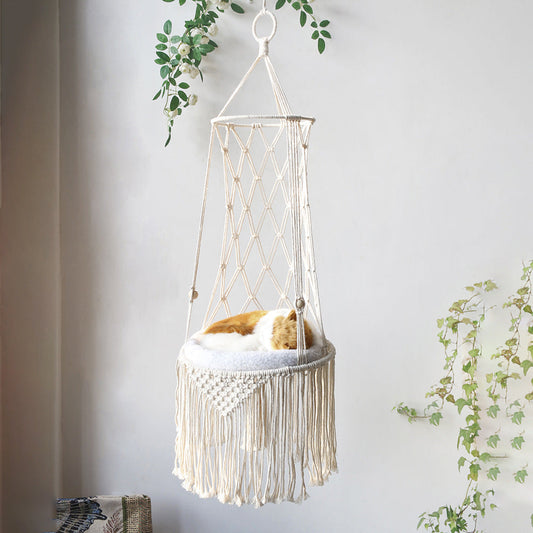 KFX-8450877 Macrame Cat Hammock Bed - Stylish Wall Hanging Pet Swing for Cats