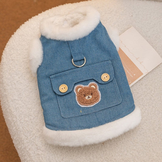 KFX-8465469 Warm Winter Fleece Dog Vest with Bear Print, Insulated Denim & Fluffy Wool Lining, Easy Wear Jacket for Pets