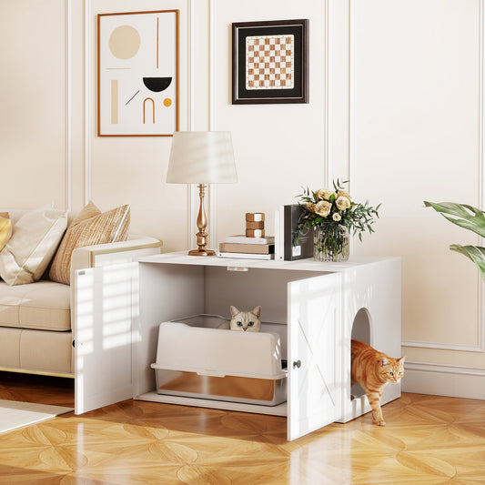 KFX-8466365 Cat Litter Box Enclosure with Barn Door, 31.5" x 20.9" x 19.7", White MDF Furniture