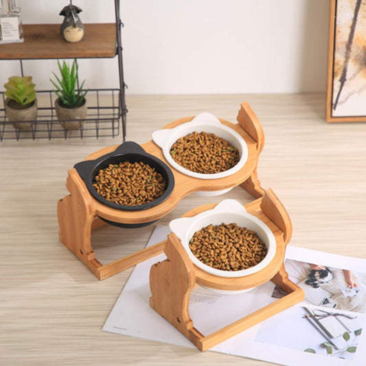 KFX-8493885 Ceramic Cat Food Bowl with Stand - Available in Single or Double Options