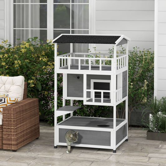 KFX-8518973 Wooden Outdoor Cat House with Asphalt Roof, Escape Doors, and Jumping Platform in Light Gray