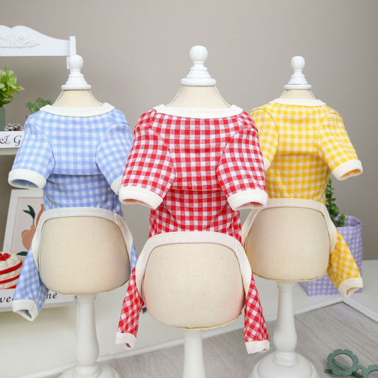 KFX-8554045 Plaid Cotton Four-Legged Clothing for Small Dogs in Yellow, Red, and Blue