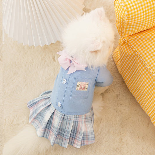 KFX-8619581 Cute Spring and Autumn Cat Dog Skirt with Lattice Design - Polyester Fiber Material