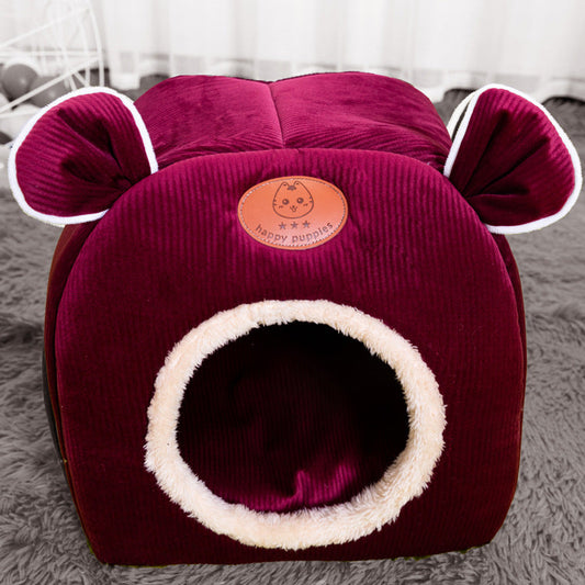 KFX-8644285 Cute Cat Ears Cozy Nest for Pets - Soft Corduroy Arctic Velvet, Small Size 32x32cm