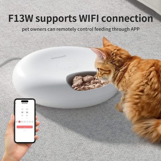 KFX-8653245 Automatic Cat Food Dispenser with WiFi App Control - Holds 6 Meals, Dual Ice Packs, Rechargeable Battery, Easy Clean Design