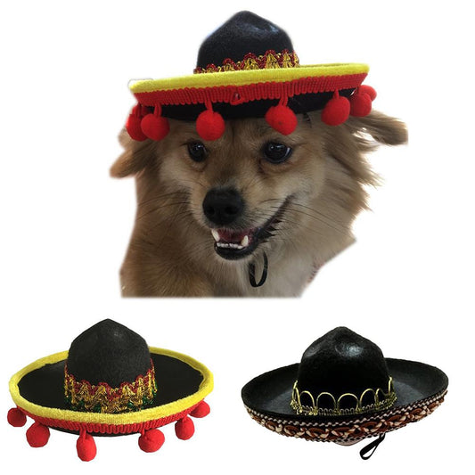 KFX-8655933 Mexican Style Pet Hat with Red Ball and Brown Lace - Seasonal Cloth Cap for Dogs