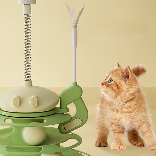 KFX-8656573 Interactive Rotating Cat Toy with Feather, Food Dispenser, and Four-Layer Tower