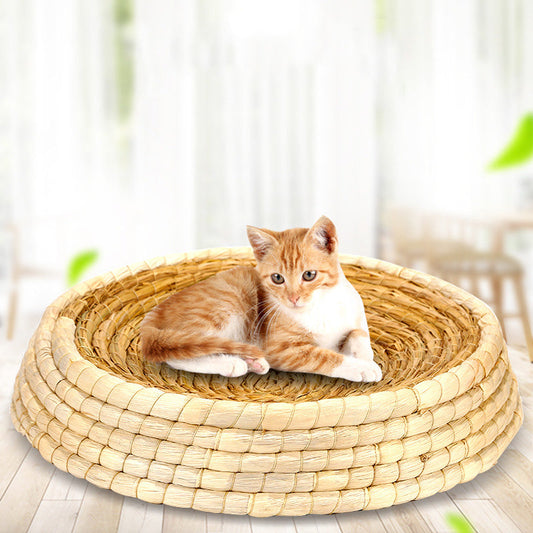 KFX-8663485 Natural Straw Cat Nest - Eco-Friendly Rattan Pet Litter Tray, 31cm Diameter