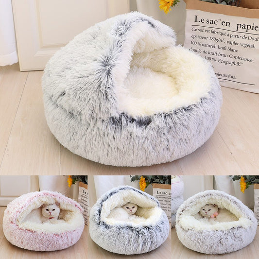 KFX-8675261 Plush Round Semi-Enclosed Pet Bed for Cats - Available in Various Sizes and Colors