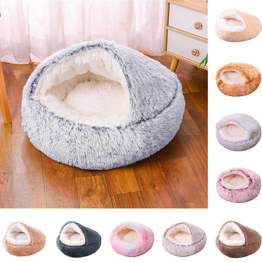 KFX-8675261 Plush Round Semi-Enclosed Pet Bed for Cats - Available in Various Sizes and Colors