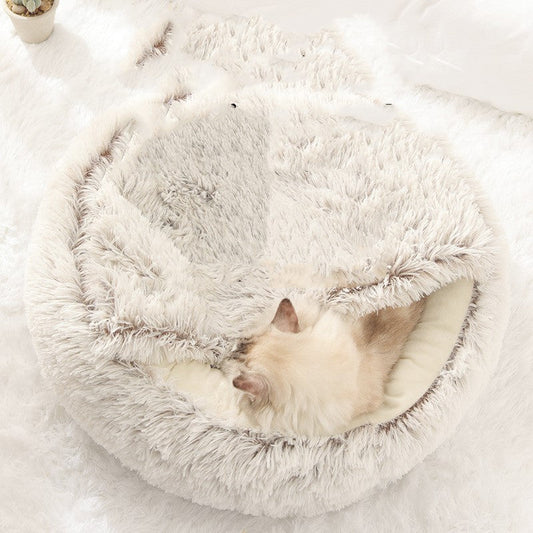 KFX-8688573 Cat's Nest with Plush Velvet and Oxford Bottom - Semi-Enclosed Design in Grey, Pink, Brown