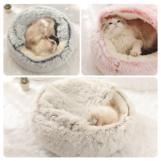 KFX-8688573 Cat's Nest with Plush Velvet and Oxford Bottom - Semi-Enclosed Design in Grey, Pink, Brown