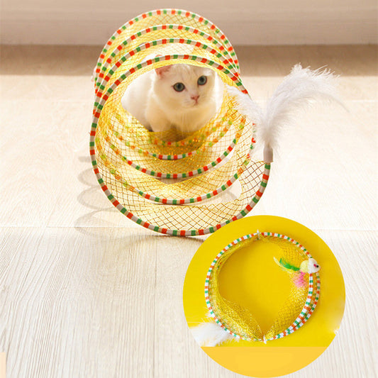 KFX-8710845 Foldable Cat Tunnel Toy in Blue and Yellow - Steel Wire, Elastic Mesh, and Feather Design, 65cm Long, 25cm Diameter