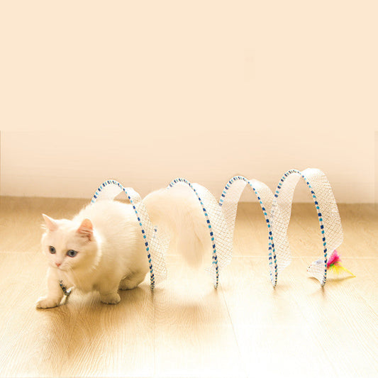 KFX-8710845 Foldable Cat Tunnel Toy in Blue and Yellow - Steel Wire, Elastic Mesh, and Feather Design, 65cm Long, 25cm Diameter