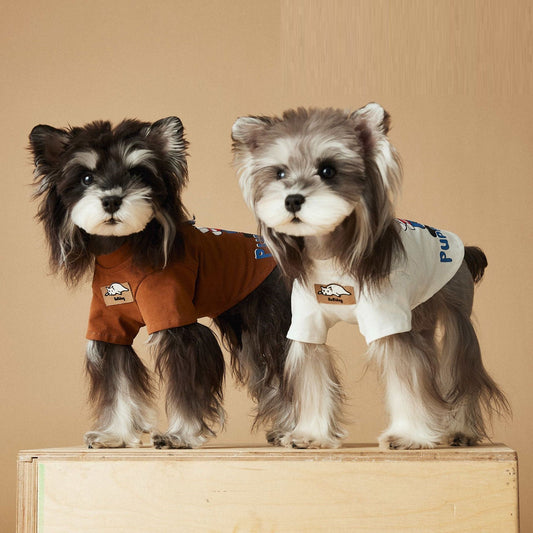KFX-8717117 Cute Printed Dog T-shirt for Spring and Summer - Casual Polyester Pet Clothing in Coffee and White