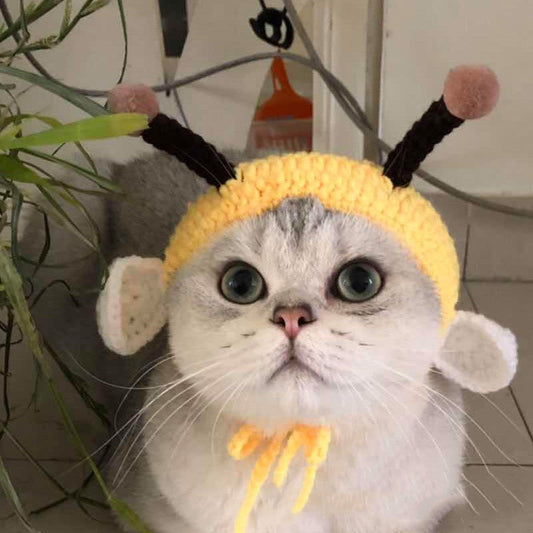 KFX-8749117 Bee-Themed Knitted Hat for Pets - Adjustable Cotton Headgear for Dogs and Cats
