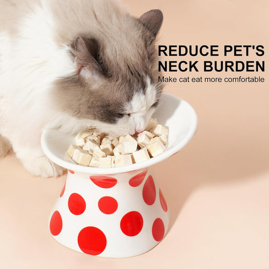 KFX-8751549 Extra Wide Elevated Ceramic Cat Food Bowl - Tilted Design for Comfort, Red Polka Dot, Dishwasher & Microwave Safe