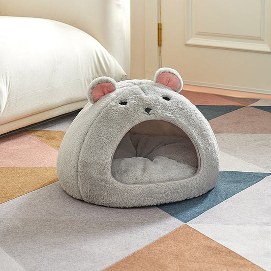 KFX-8754109 Comfortable Soft Fluffy Cat and Dog House Mat - Funny Mouse and Cat Design, Cotton Fabric, Light Gray