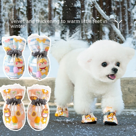KFX-8756669 Soft Soled Warm Velvet Dog Shoes in Sunflower Lion Plaid Design - 4 Pack