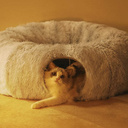 KFX-8765629 Cozy Rainbow and Gray Plush Cat Nest Tunnel for Multiple Cats - 95cm Diameter