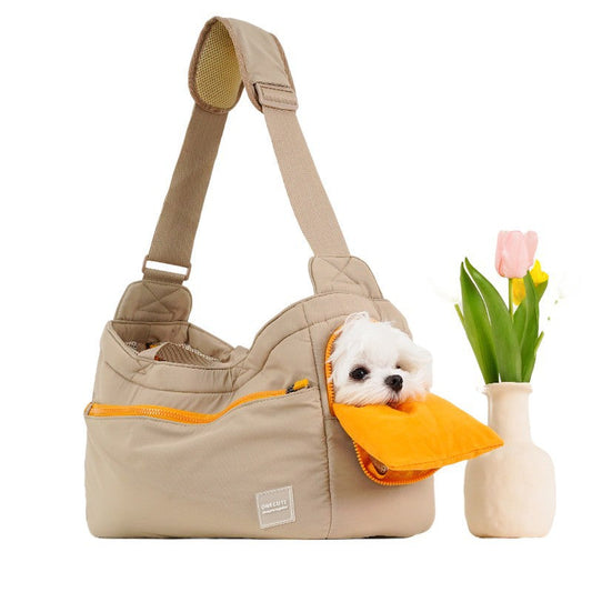 KFX-8794813 Portable Mesh Cat Shoulder Crossbody Pet Bag - Navy Blue & Khaki, 40x14x25cm