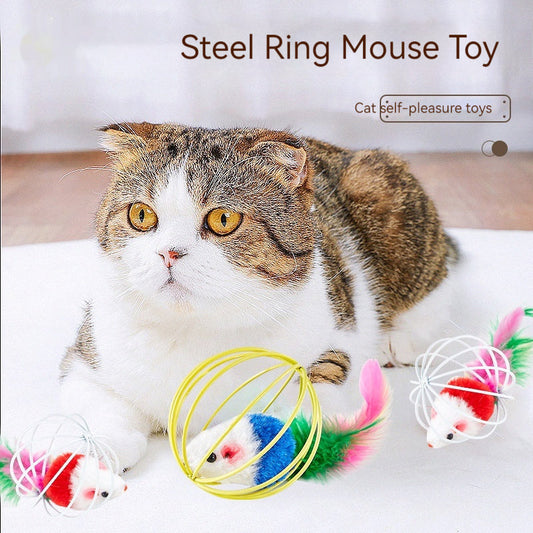KFX-8796989 Colorful Plush Cat Toy Cage with Mouse for Nibbling Playtime