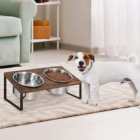KFX-8821565 Wooden Pet Feeding Rack with Iron Base for Dogs and Cats - Double & Triple Bowl Options