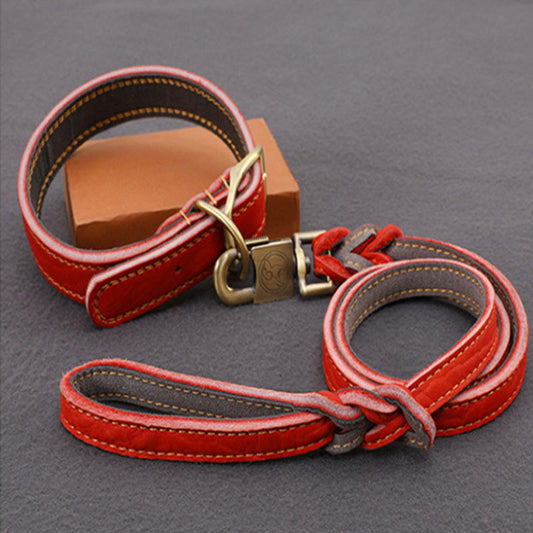 KFX-8825149 First Layer Cowhide Leather Leash Set for Small and Medium Dogs - Reddish Brown Collar and Traction Rope