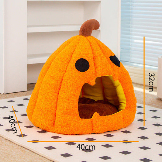 KFX-8825405 Cozy Pumpkin Cat and Dog Bed - Semi-Enclosed Warm Nest for Small Pets
