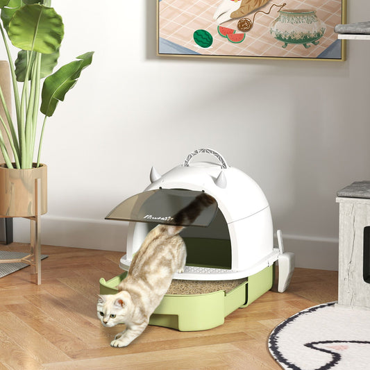 KFX-8826813 Enclosed Cat Litter Box with Translucent Flap, Easy Clean Drawer, Deodorizing Bags, Green