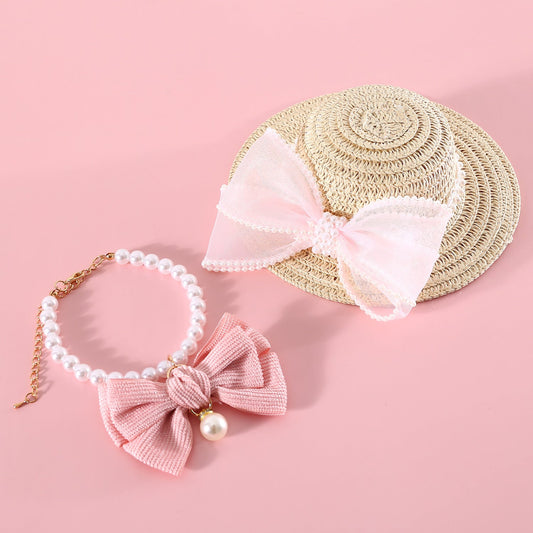 KFX-8844861 Pet Cat Lady Straw Hat with Pearl Bow in Multiple Colors