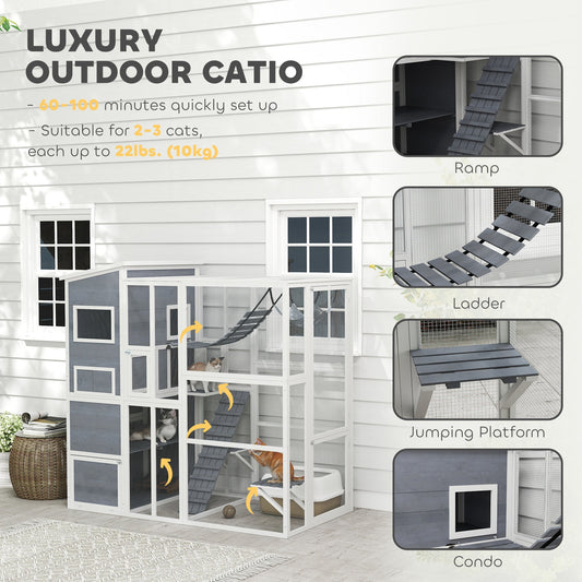 KFX-8846269 Large Wooden Outdoor Cat Enclosure with 4 Tiers, 3 Platforms, Ramps, Hammock & Soft Ladder in Gray