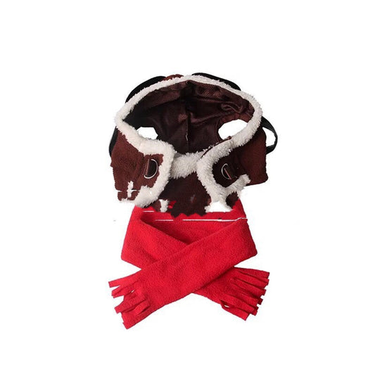 KFX-8847421 Red Flying Cap and Scarf Set for Pets - Size L, Dark Brown