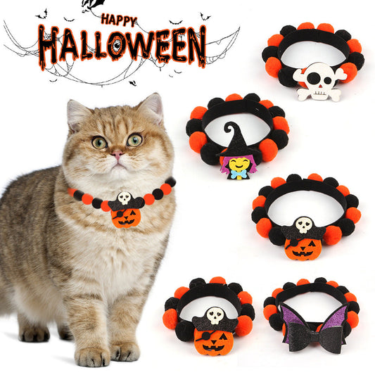 KFX-8856125 Halloween Pet Fur Ball Collar with Pumpkin and Bow Designs - Multiple Sizes Available