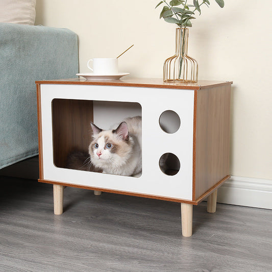 KFX-8863933 Wooden Cat Nest Bedside Table - Stylish Solid Wood Pet Bed for Cats