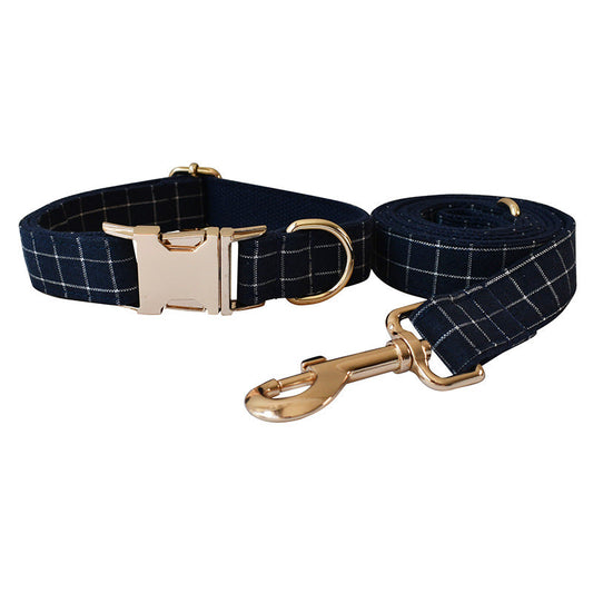 KFX-8883133 Navy Blue Plaid Dog Collar with Gold Button and Alloy Buckle – Stylish Cotton Design