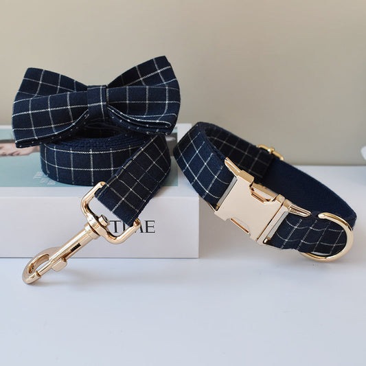 KFX-8883133 Navy Blue Plaid Dog Collar with Gold Button and Alloy Buckle – Stylish Cotton Design