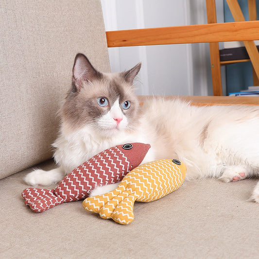 KFX-8896317 Funny Cat Linen Fish Pillow - Biting Toy for Cats, Navy Blue, Yellow, Purple, 21x9x5cm