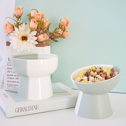 KFX-8919869 Ceramic Slant Mouth Dog and Cat Food Bowl Set in Color Block Design, Available in Multiple Colors