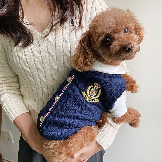 KFX-8927421 Blue and White Wool Two-Piece Dog Sweater Set for Small Dogs and Puppies