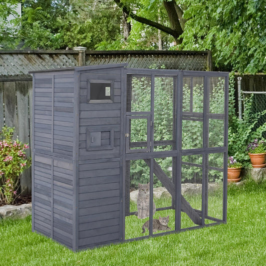 KFX-8929469 Extra Large 4-Story Gray Wooden Outdoor Catio with Ramps and Windows for Cats