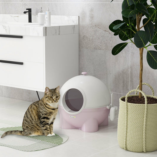 KFX-8957885 Large Hooded Cat Litter Box with Lid and Scoop - Light Pink, Enclosed Design for Privacy and Odor Control