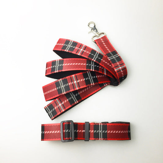 KFX-8973501 Casual Check Pattern Dog Collar and Leash Set in Red, Yellow, and Silver Lattice Designs