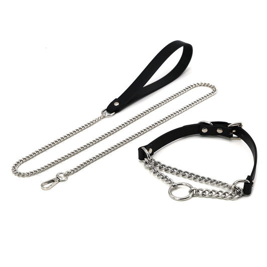 KFX-8975677 Black Leather Collar and Leash Set for Punk Fashion and Sub-Cultures