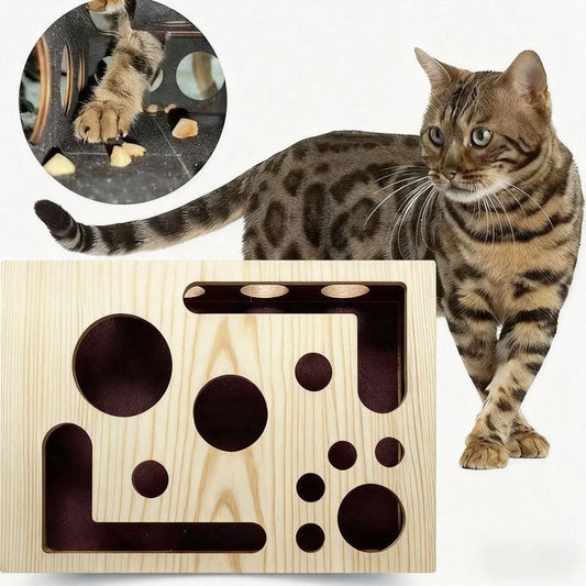KFX-8981053 Solid Wood Maze Pet Toy with Three Bell Balls - Maze Peek-a-Boo Design for Entertaining and Claw Sharpening