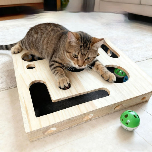 KFX-8981053 Solid Wood Maze Pet Toy with Three Bell Balls - Maze Peek-a-Boo Design for Entertaining and Claw Sharpening