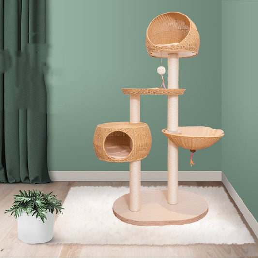 KFX-8982717 Integrated Multi-Layer Cat Climbing Frame in Imitation Rattan - Apricot, Off White, Blue, Pink, 78 x 58 x 160 cm