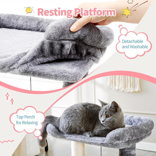 KFX-8984893 4-in-1 Cat Tree Tower with Self-Grooming Brush and Sisal Scratching Post, Plush Bed and Toy Balls for Indoor Kittens
