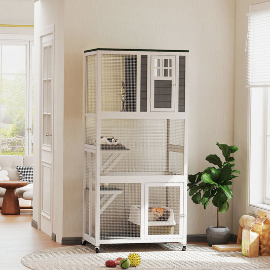 KFX-9000765 Outdoor Cat Enclosure with Weatherproof Features and Wheels - 74-Inch Large Catio